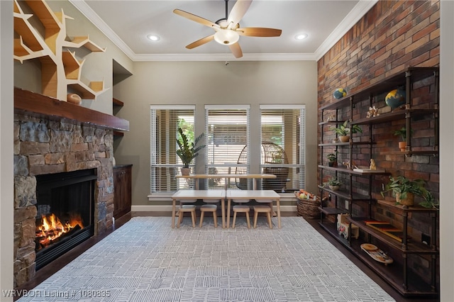 8205 Cisterna Way, Fort Smith, AR 72916 - sitting room with a stone fireplace, ornamental molding, recessed lighting, and ceiling fan