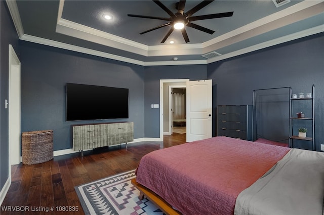 8205 Cisterna Way, Fort Smith, AR 72916 - bedroom featuring ornamental molding, a raised ceiling, wood-type flooring, and visible vents