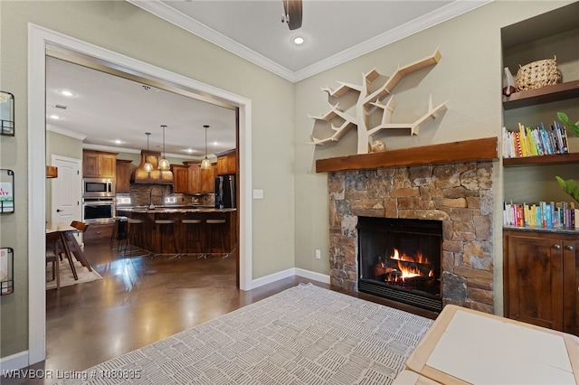 8205 Cisterna Way, Fort Smith, AR 72916 - living area with ornamental molding, recessed lighting, a fireplace, baseboards, and concrete floors