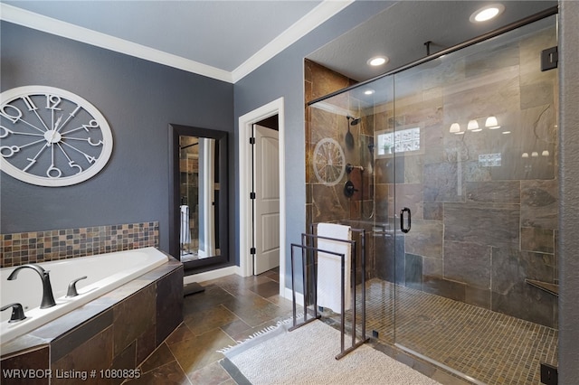 8205 Cisterna Way, Fort Smith, AR 72916 - bathroom with a stall shower, crown molding, and a bath
