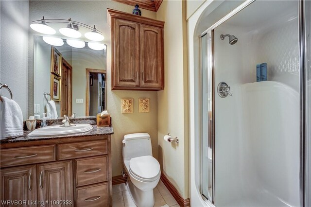 bathroom with tile patterned flooring, vanity, toilet, and a shower with door