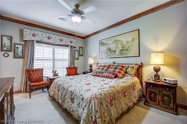 bedroom featuring ceiling fan, light carpet, and ornamental molding