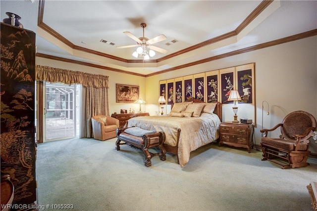 bedroom featuring access to outside, a raised ceiling, crown molding, carpet flooring, and ceiling fan