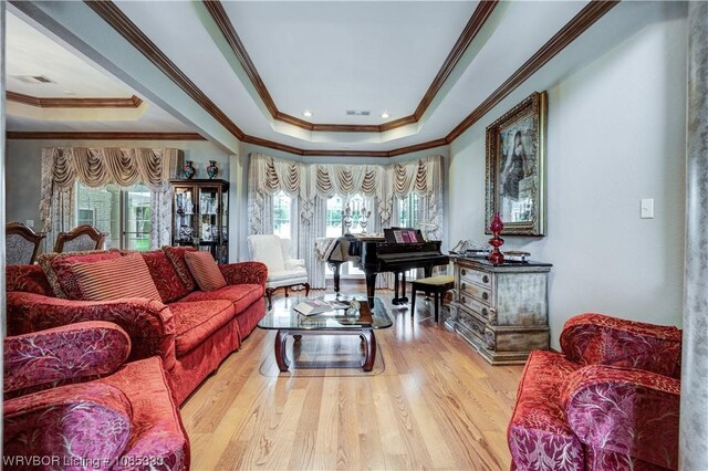 living room featuring a raised ceiling, light wood-type flooring, crown molding, and a wealth of natural light