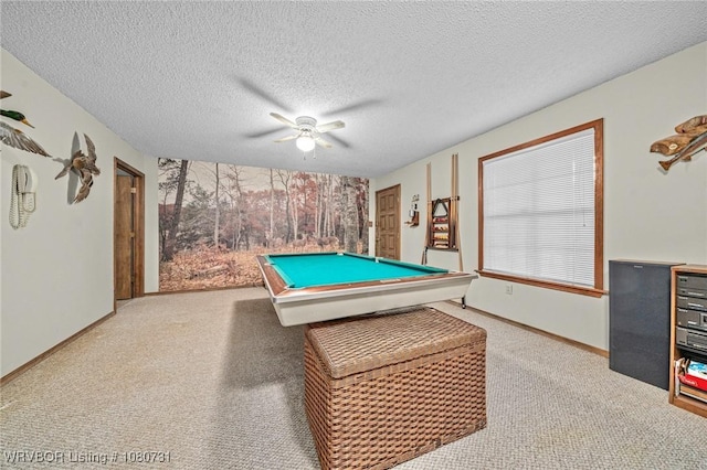 3009 Shadow Lake Dr, Greenwood, AR 72936 - playroom with a ceiling fan, a textured ceiling, pool table, baseboards, and carpet