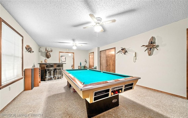3009 Shadow Lake Dr, Greenwood, AR 72936 - recreation room featuring carpet floors, ceiling fan, a textured ceiling, billiards, and a dry bar