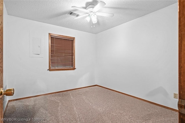 3009 Shadow Lake Dr, Greenwood, AR 72936 - carpeted empty room with visible vents, baseboards, a textured ceiling, electric panel, and a ceiling fan