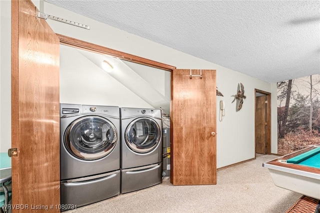 3009 Shadow Lake Dr, Greenwood, AR 72936 - laundry room with laundry area, washing machine and dryer, a textured ceiling, pool table, and carpet flooring