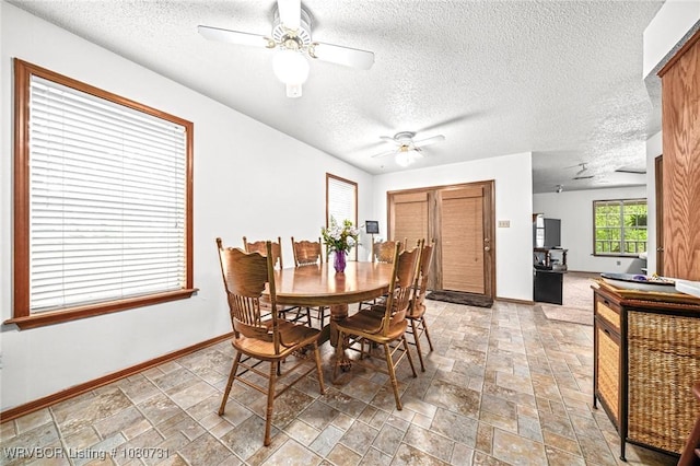 3009 Shadow Lake Dr, Greenwood, AR 72936 - dining room with baseboards, a ceiling fan, a textured ceiling, and stone finish floor