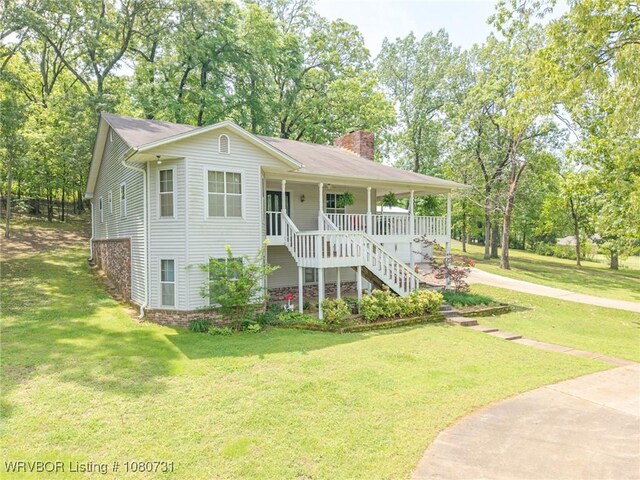 3009 Shadow Lake Dr, Greenwood, AR 72936 - ranch-style house featuring a porch, stairs, a front yard, and a chimney