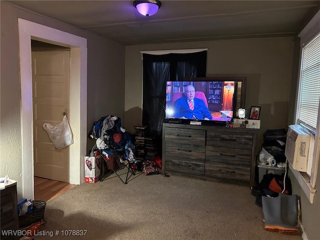 carpeted living room featuring cooling unit