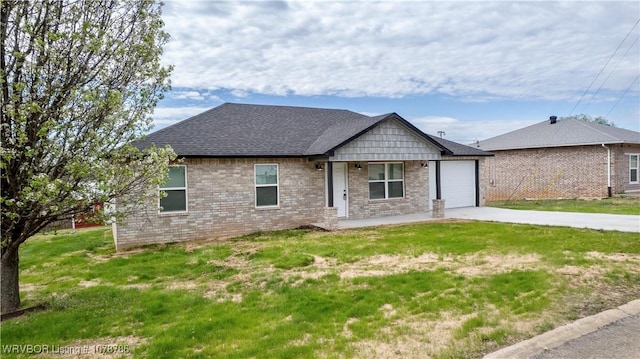 view of front facade featuring brick siding, concrete driveway, an attached garage, and a front lawn
