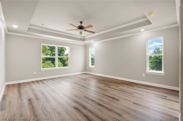 unfurnished room featuring light hardwood / wood-style floors and a raised ceiling