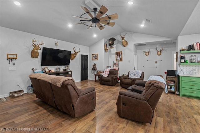 471962 E 720, Westville, OK 74965 - living area with a ceiling fan, lofted ceiling, wood finished floors, and recessed lighting