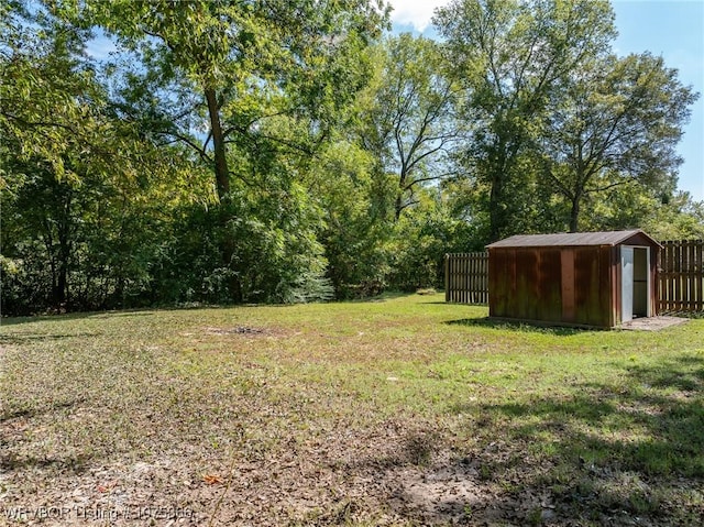 view of yard featuring a storage unit