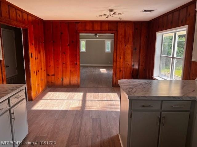 310 Butler St, Lavaca, AR 72941 - kitchen with gray cabinets, light wood-type flooring, wood walls, and a peninsula