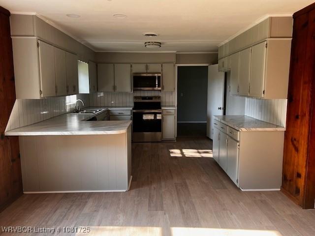 310 Butler St, Lavaca, AR 72941 - kitchen featuring stainless steel appliances, a peninsula, light wood-style flooring, and light countertops