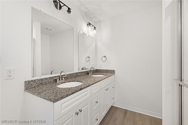 bathroom with vanity and wood-type flooring