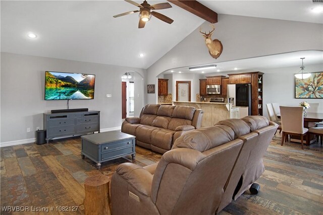 304 Rock Cir, Lavaca, AR 72941 - living room with ceiling fan, arched walkways, beamed ceiling, recessed lighting, and high vaulted ceiling