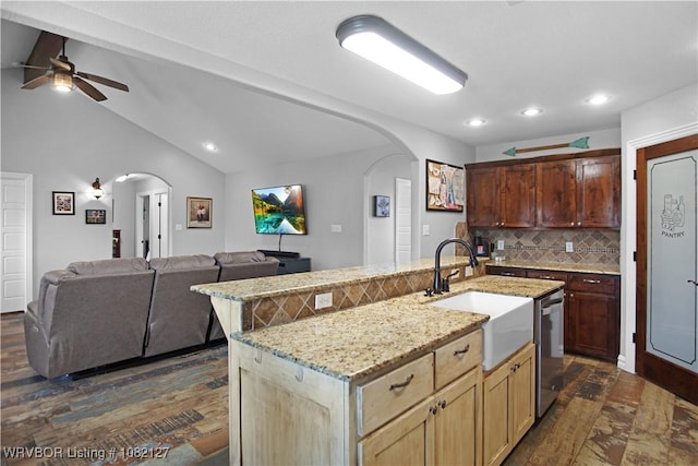 304 Rock Cir, Lavaca, AR 72941 - kitchen featuring arched walkways, dark wood-type flooring, recessed lighting, open floor plan, and ceiling fan