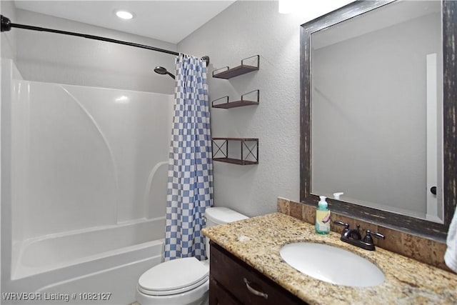 304 Rock Cir, Lavaca, AR 72941 - full bath featuring vanity, shower / bathtub combination with curtain, and a textured wall