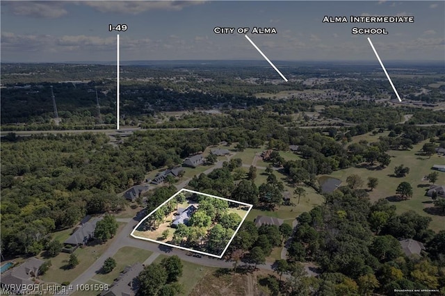 1635 Kings Way, Alma, AR 72921 - aerial view of property and surrounding area with property boundaries highlighted and a heavily wooded area