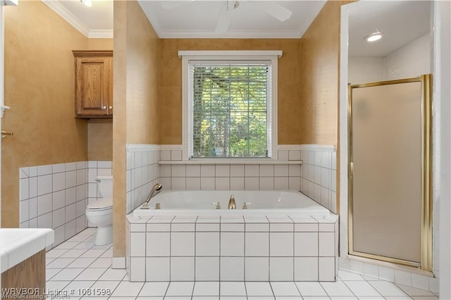 1635 Kings Way, Alma, AR 72921 - full bathroom featuring toilet, a garden tub, a shower stall, crown molding, and tile patterned flooring