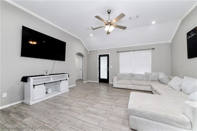138 Stone Dr, Roland, OK 74954 - living room with baseboards, lofted ceiling, ceiling fan, and ornamental molding