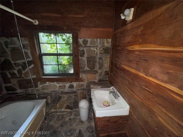 464085 E 1020th Rd, Sallisaw, OK 74955 - full bath with a tub to relax in, a shower, toilet, a sink, and wooden walls