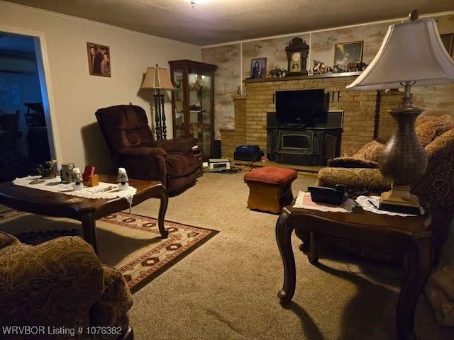 living room featuring carpet flooring and a wood stove