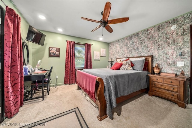 carpeted bedroom featuring ceiling fan