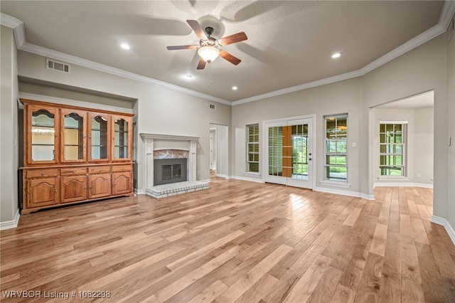 6721 Dean Rd, Alma, AR 72921 - unfurnished living room with a ceiling fan, light wood-style flooring, a fireplace, recessed lighting, and ornamental molding