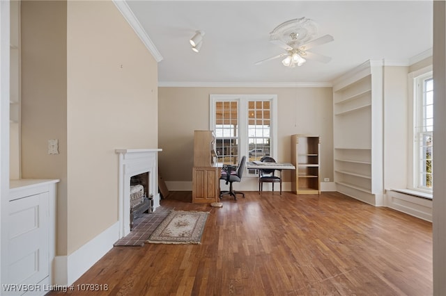 unfurnished office featuring a wealth of natural light, a fireplace, ornamental molding, and wood finished floors