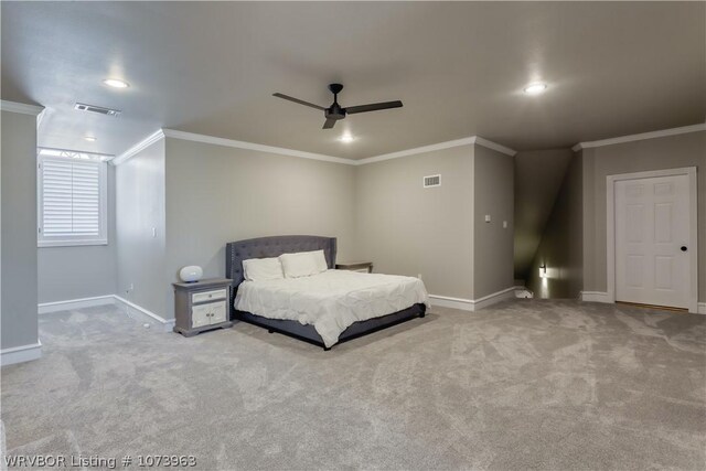 bedroom with carpet floors, ceiling fan, and ornamental molding