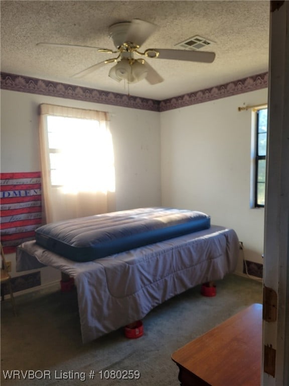113614 S 4640th Rd, Gans, OK 74936 - carpeted bedroom featuring multiple windows, a textured ceiling, and a ceiling fan