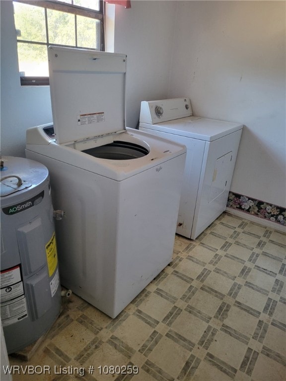 113614 S 4640th Rd, Gans, OK 74936 - washroom with independent washer and dryer, water heater, and light flooring