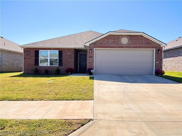 ranch-style house with concrete driveway, brick siding, a front lawn, a shingled roof, and a garage