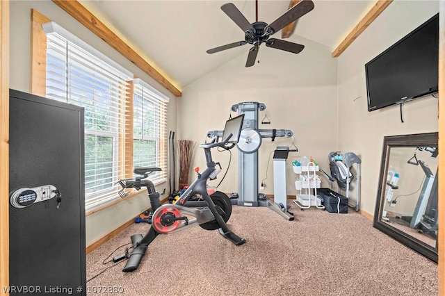 workout room with ceiling fan, lofted ceiling, and carpet floors