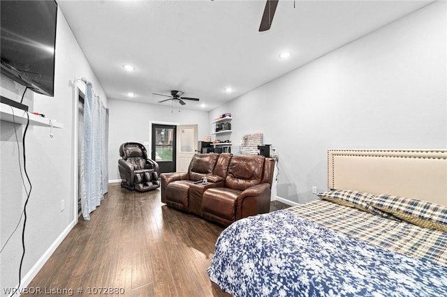 bedroom featuring dark hardwood / wood-style floors and ceiling fan