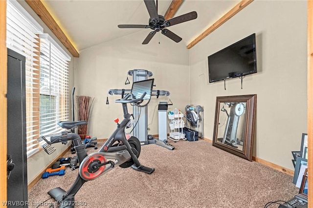 workout area featuring carpet flooring, vaulted ceiling, and ceiling fan