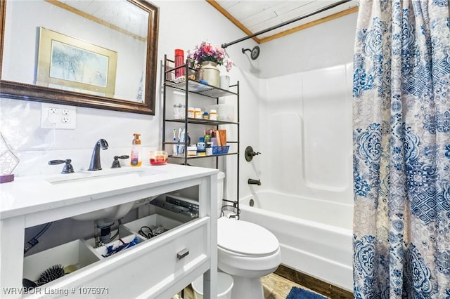 full bathroom with shower / bath combination with curtain, toilet, crown molding, and sink