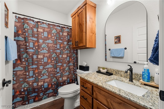112 Countryside Way, Pocola, OK 74902 - bathroom featuring vanity, wood finished floors, and a shower with shower curtain