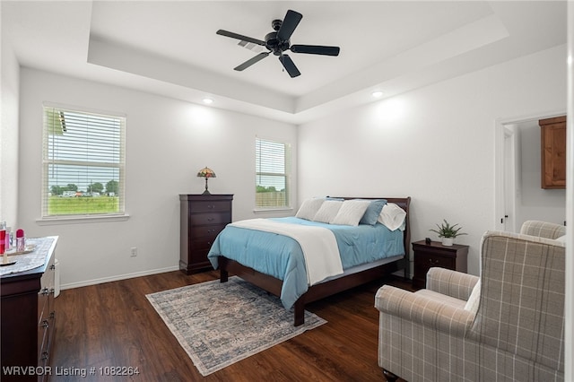 112 Countryside Way, Pocola, OK 74902 - bedroom featuring a tray ceiling, dark wood-style floors, ceiling fan, and recessed lighting