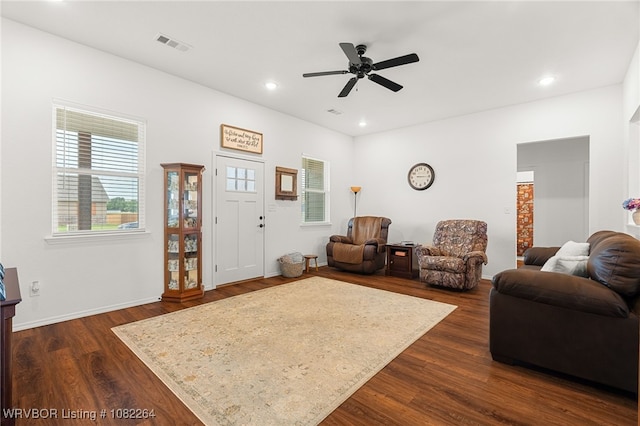 112 Countryside Way, Pocola, OK 74902 - living area featuring ceiling fan, dark wood-style flooring, and recessed lighting