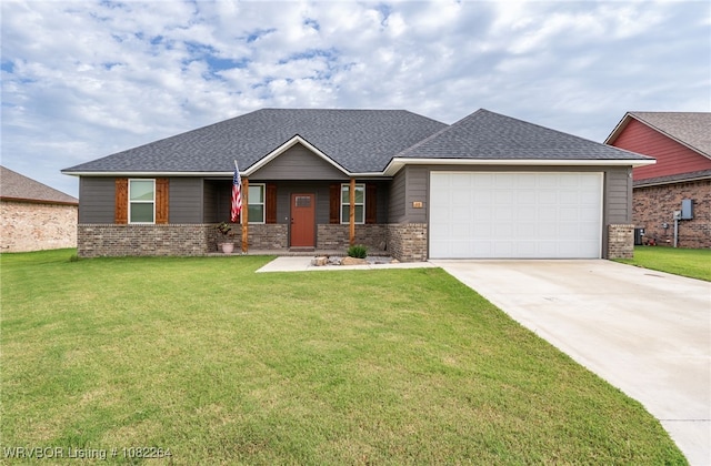 112 Countryside Way, Pocola, OK 74902 - view of front facade featuring a garage, concrete driveway, a front yard, a porch, and brick siding