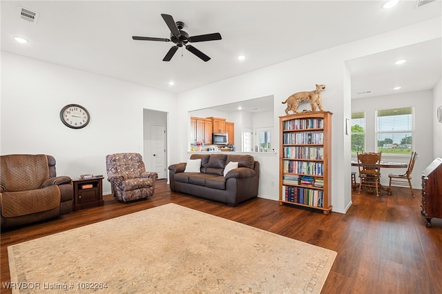 112 Countryside Way, Pocola, OK 74902 - living room with dark wood finished floors, a ceiling fan, and recessed lighting