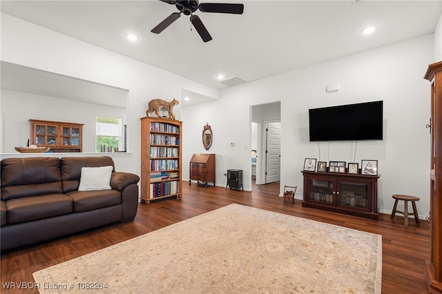 112 Countryside Way, Pocola, OK 74902 - living area featuring a ceiling fan, dark wood finished floors, and recessed lighting