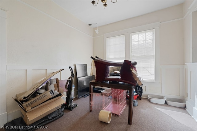 interior space with a decorative wall, carpet, and wainscoting