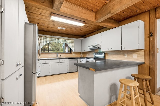 kitchen with dark countertops, a peninsula, white cabinetry, and stainless steel appliances