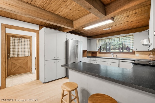 kitchen featuring white dishwasher, wood ceiling, white cabinetry, freestanding refrigerator, and dark countertops